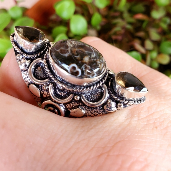 New Turtella Agate Fossil and Smoky Quartz 925 Silver Statement Ring. - Picture 11 of 16